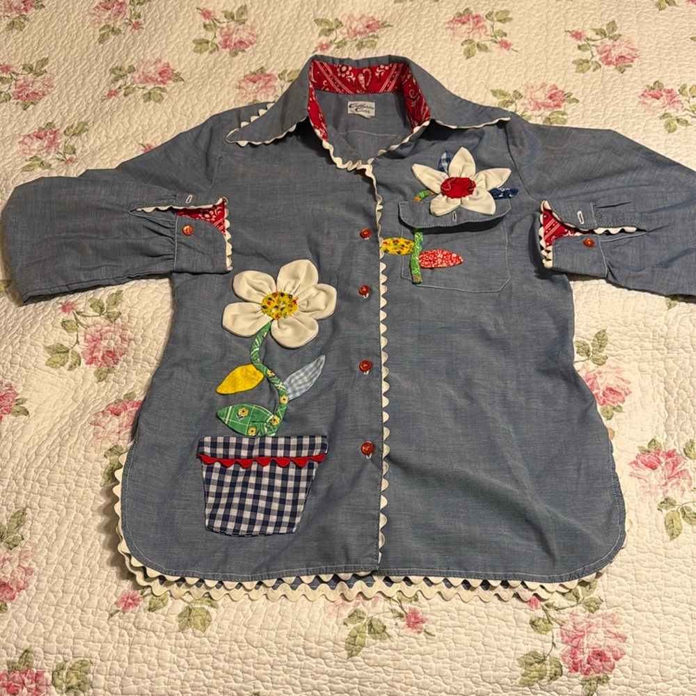 Vintage Catherine Carr Floral Button Up Large Lapel Shirt Size M/L